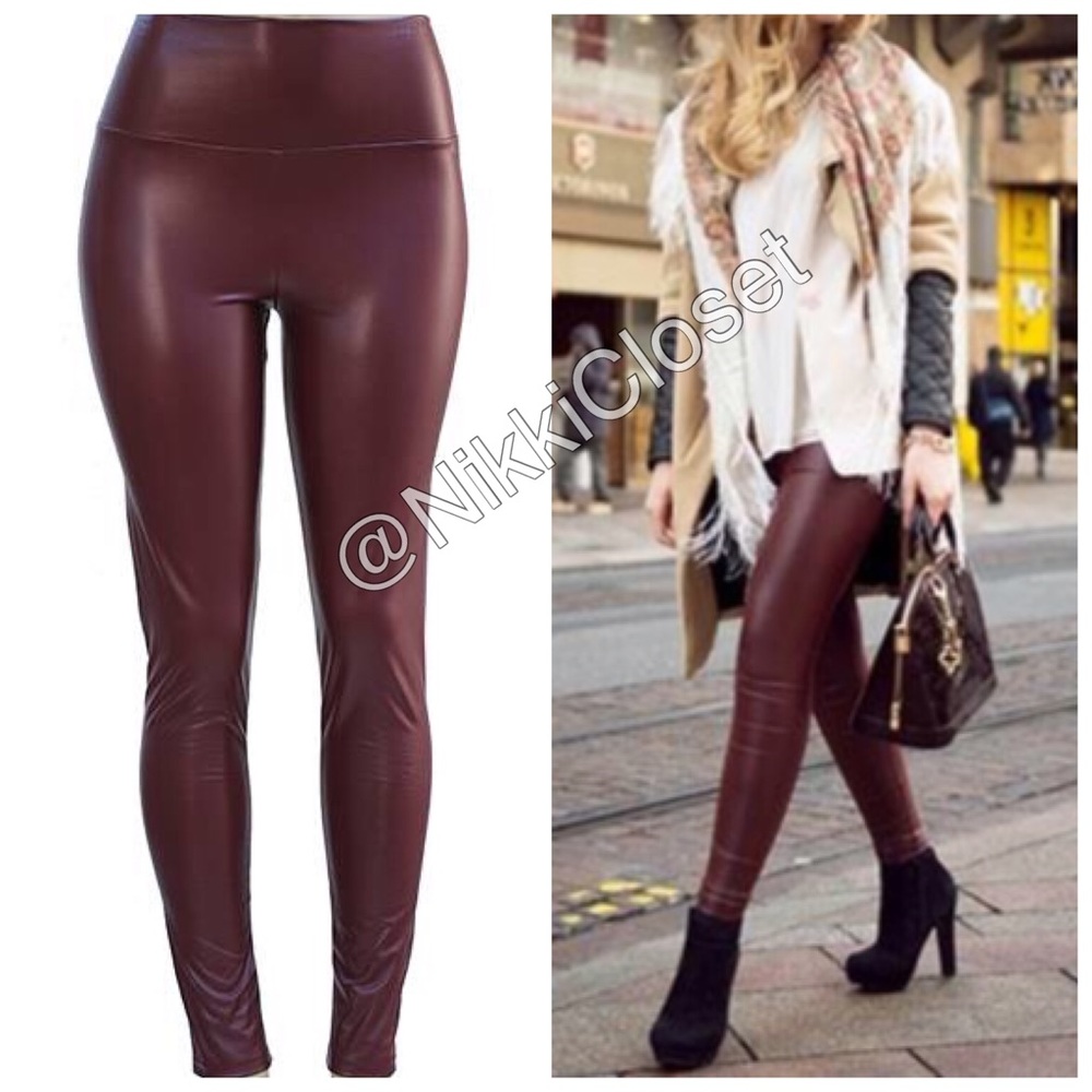 Faux leather high waisted leggings Sexy Burgundy